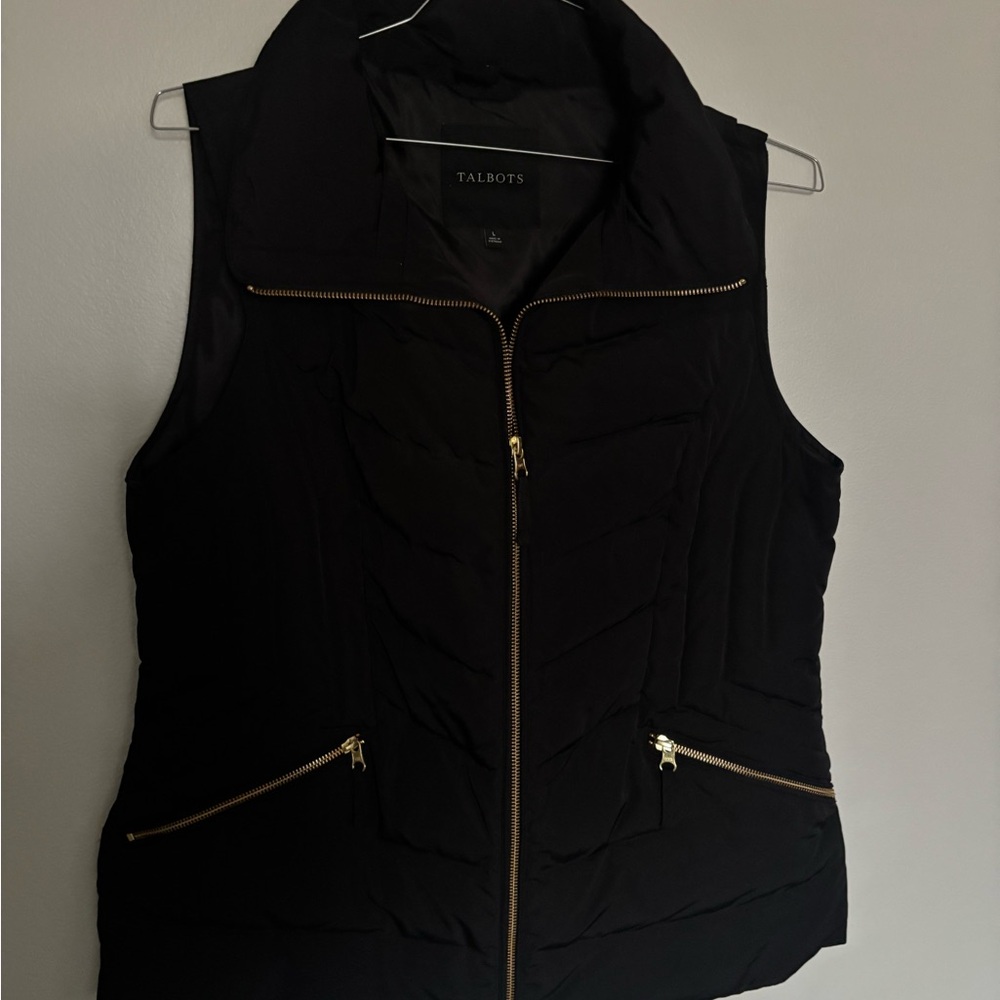 Talbots Black Quilted Vest with Gold Accents